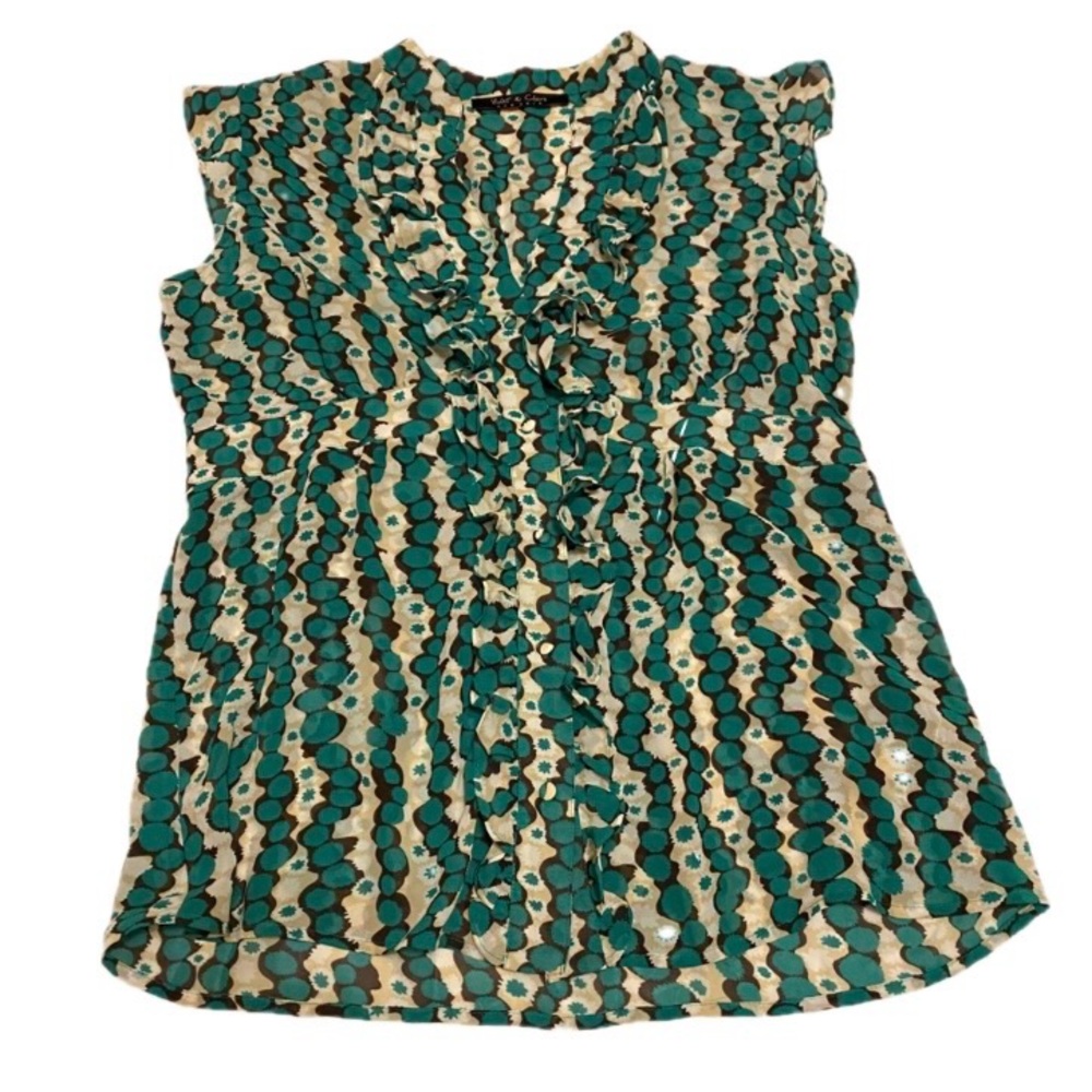 Violet & Claire Women’s M Button Front Green & Cream Abstract Dot Print Blouse